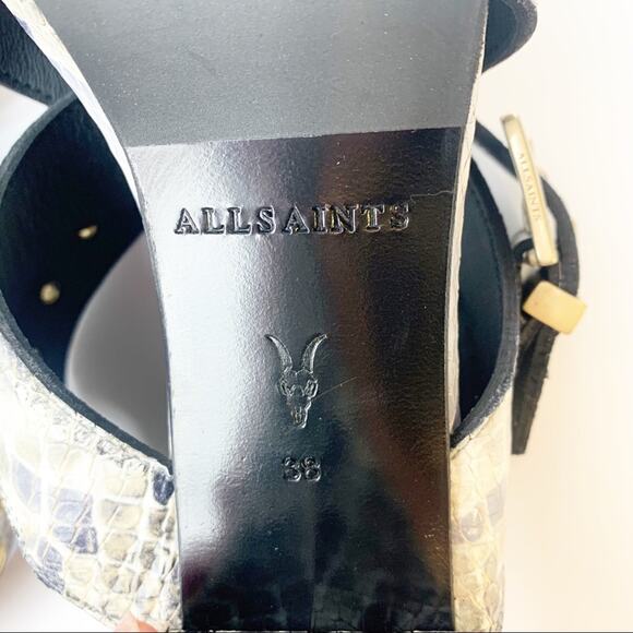 NWT AllSaints Sienna Snakeskin Print Leather Buckle Heeled Platform Sandal 8 - Picture 8 of 10